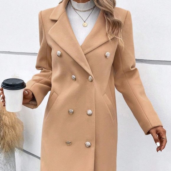 Tan Preppy Womens Lapel Collar Double Breasted Overcoat - Picture 3 of 4
